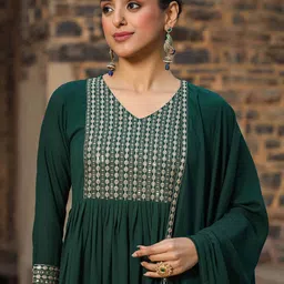KALINI Floral Yoke Design Sequinned A-Line Kurta With Trousers & Dupatta image 5