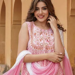 KALINI Geometric Printed Tie-Up Neck Thread Work A-Line Kurta with Sharara &  Dupatta image 4