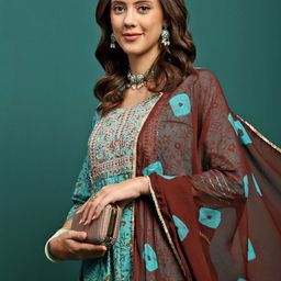 Sangria Printed & Embroidered Pure Cotton Anarkali Kurta With Trouser & Dupatta Set-1