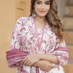KALINI Floral Printed Regular Thread Work Pure Cotton Kurta with Trouser & With Dupatta image 5