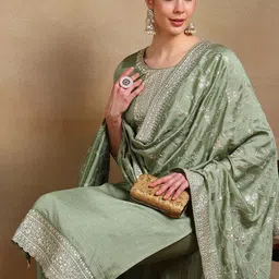 AHIKA Women Yoke Design Regular Sequinned Kurta with Trousers & With Dupatta-18