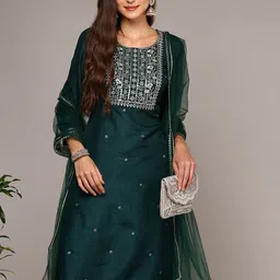 AHIKA Floral Embroidered Straight Kurta With Trouser & Dupatta-13