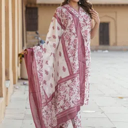 KALINI Floral Printed Thread Work Pure Cotton Kurta With Trouser & Dupatta image 2
