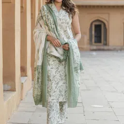 KALINI Floral Printed Regular Thread Work Pure Cotton Kurta with Trouser & With Dupatta image 2