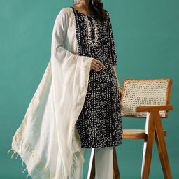 Sangria Black Ethnic Motifs Printed Pure Cotton Straight Kurta Sets-25