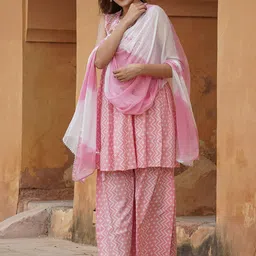 KALINI Geometric Printed Tie-Up Neck Thread Work A-Line Kurta with Sharara &  Dupatta image 3