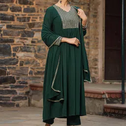 KALINI Floral Yoke Design Sequinned A-Line Kurta With Trousers & Dupatta image 3