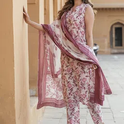 KALINI Floral Printed Thread Work Pure Cotton Kurta With Trouser & Dupatta image 5