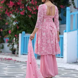 TextileNow Floral Embroidered Thread Work A-Line Kurta With Sharara & Dupatta image 2