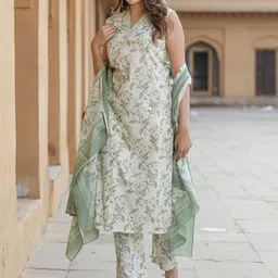 KALINI Floral Printed Regular Thread Work Pure Cotton Kurta with Trouser & With Dupatta image 5