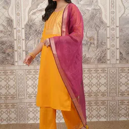Vishudh Floral Yoke Design Straight Kurta with Palazzos & With Dupatta image 2