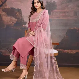 House of Pataudi Ethnic Motifs Yoke Design Sequinned Straight Kurta & Trouser With Dupatta-1