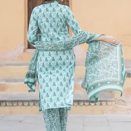 KALINI Ethnic Motifs Printed Regular Thread Work Pure Cotton Kurta with Trousers & Dupatta image 5