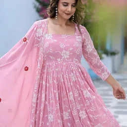 TextileNow Floral Embroidered Thread Work A-Line Kurta With Sharara & Dupatta image 5