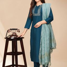 Anouk Teal Blue Ethnic Motifs Yoke Design Thread Work Kurta with Trousers & Dupatta-28