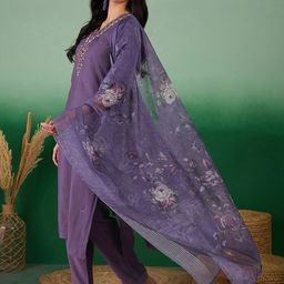 Sangria Embroidered V- Neck Straight Kurta & Trouser With Dupatta-picture-30