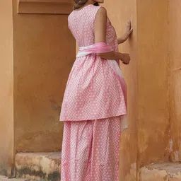 KALINI Geometric Printed Tie-Up Neck Thread Work A-Line Kurta with Sharara &  Dupatta image 2