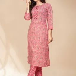 Anouk Pink Ethnic Motifs Printed Round Neck Regular Mirror Work Kurta & Trousers-51