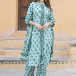 KALINI Ethnic Motifs Printed Regular Thread Work Pure Cotton Kurta with Trousers & Dupatta image 3