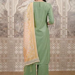 Vishudh Green Ethnic Motifs Yoke Design Thread Work Straight Kurta With Palazzos & Dupatta image 2