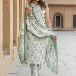 KALINI Floral Printed Regular Thread Work Pure Cotton Kurta with Trouser & With Dupatta image 3
