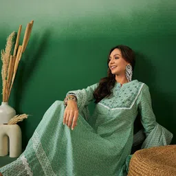 Sangria Floral Embroidered Pure Cotton Band Collar Anarkali Kurta With Trousers & Dupatta-picture-27