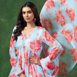 Sangria Floral Printed Beads and Stones Empire A-Line Kurta With Trouser & Dupatta-9
