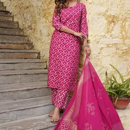 KALINI Keyhole Neck Ethnic Motifs Printed Regular Kurta with Trousers & With Dupatta image 3