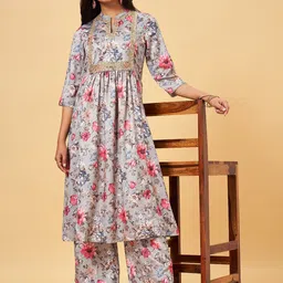 RANGMANCH BY PANTALOONS Floral Printed Mandarin Collar Three-Quarter Sleeves Kurta Set-58