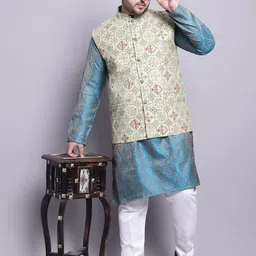 SOJANYA PLUS Plus Size Woven Design Kurta With Pyjamas & Printed Nehru Jacket image 5