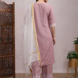 Vishudh Rose Coloured Ethnic Motifs Printed Straight Kurta with Palazzos & Dupatta image 2