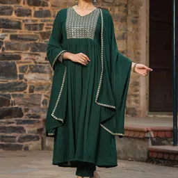 KALINI Floral Yoke Design Sequinned A-Line Kurta With Trousers & Dupatta image 2