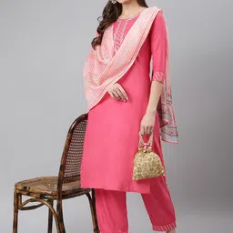 Khushal K Women Pink Yoke Design Kurti with Trouser & Dupatta-picture-14