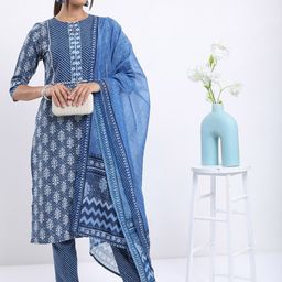 Vishudh Blue Ethnic Motifs Printed Straight Kurta with Trousers With Dupatta-2