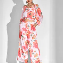 mokshi Floral Printed Chiffon Top with Palazzos image 3