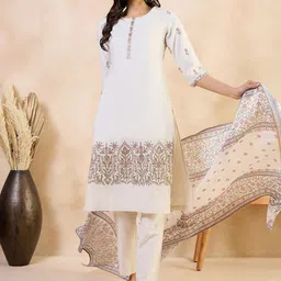 Anouk White Ethnic Motifs Embroidered Round Neck Thread Work Straight Kurta Set-picture-16