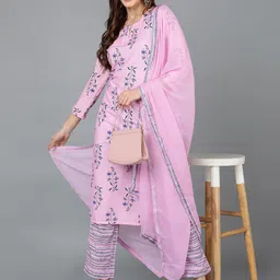 AHIKA Floral Printed Keyhole Neck Kurta with Trousers & Dupatta image 3