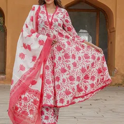 KALINI Floral Printed V-Neck Regular Kurta With Trousers & Dupatta image 3
