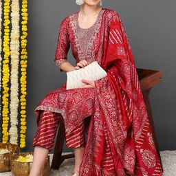AHIKA Ethnic Motifs Printed Regular Straight Kurta With Trousers & Dupatta-9
