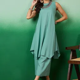 Sangria Sleeveless Round Neck Asymmetric A Line Kurta With Palazzos-image-57
