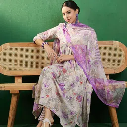 Sangria Pink Floral Embroidered Flared V-Neck Straight Kurta & Trousers With Dupatta-picture-54