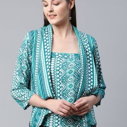 Ayaany Sea Green & White Print Cotton Top With Shrug-21