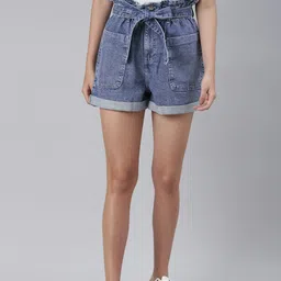 London Rag Women Blue High-Rise Acid Wash Paper Bag Denim Shorts with Tie-Up Belt-36