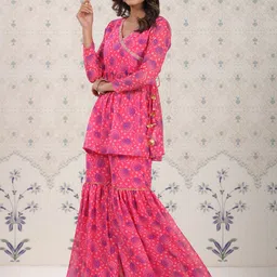 Ode by House of Pataudi Red Bandhani Printed Angrakha A-Line Kurti With Sharara image 3