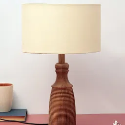 Unravel India Brown Cylindrical Ribbed Wood Table Lamp With Shade-53