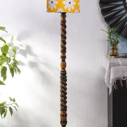 Devansh Yellow & Brown Printed Wooden Floor Lamps With Cotton Shade-10