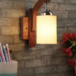 Devansh White & Brown Wooden Cylinder Shaped Wall Lamp-40