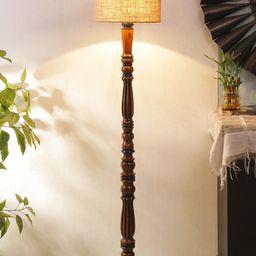 Devansh Beige & Brown Traditional Wood Floor Lamp With Jute Cylindrical Shade-49