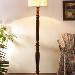 Devansh White & Brown Traditional Floor Lamp With Jute Cylindrical Shade-38