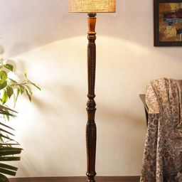 Devansh Beige & Brown Traditional Wood Floor Lamp With Jute Cylindrical Shade-54